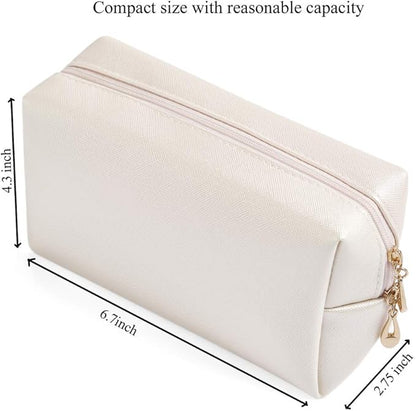 PU Leather Cosmetic Bag for Women Minimalism Makeup Bag for Daily Use Portable Storage Purse Small Neat Cosmetic Pouch Water-resistant Toiletry Bag for Travel (Ivory White)