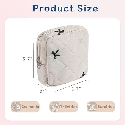 Small Quilted Cotton Makeup Bag for Purse, Cosmetic Bag with Compartments, Cotton Aesthetic Makeup Bag, Travel Toiletry Pouch, Key Pocket Lipstick Bag Card Holder Data Cable Organizer（06Beige Bow）