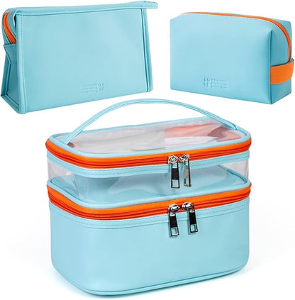 FITINI 3 Pieces Makeup Bags Double Layer Travel Large Cosmetic Cases Organizer Toiletry Bags Waterproof Small Zipper Pouch for Women Makeup Brush Storage Bag,Light Blue