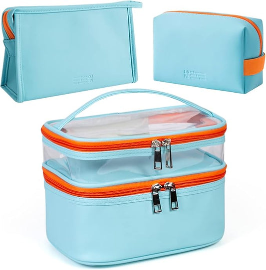 FITINI 3 Pieces Makeup Bags Double Layer Travel Large Cosmetic Cases Organizer Toiletry Bags Waterproof Small Zipper Pouch for Women Makeup Brush Storage Bag,Light Blue