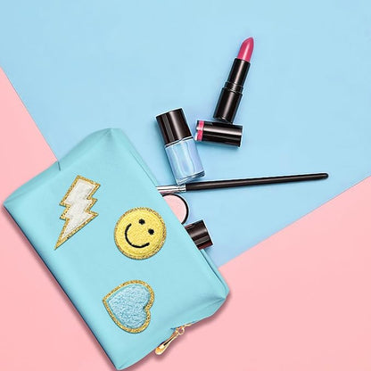 LieToi Preppy Patch Cosmetic Toiletry Bag, PU Leather Portable Waterproof Makeup Bag Smile Lightning Heart Organizer Compliant Bag Daily Travel Use Storage Purse for Women Girls (Large, Canal Blue)