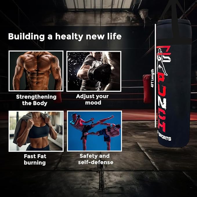 PGS Punching Bag - Hanging Boxing Bag for MMA, Karate, Judo, Muay Thai, Kickboxing, Self Defense Training for Training at Home or Gym or Office - Unfilled Heavy Bag 70 to 100 lbs - Black- UNFILLED