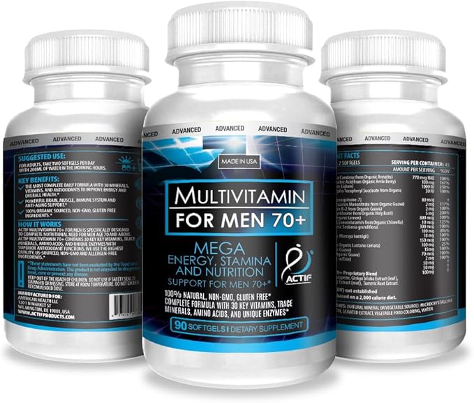 ACTIF Multivitamin for Men Age 70+ with 30 Advanced Factors – Non GMO, Made in USA, 90 Count
