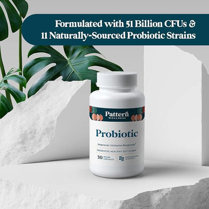 Pattern Wellness Probiotic Supplement - 51 Billion CFU - Promotes Healthy Gut Flora - Maintains Digestive Balance & Boosts Immune Health - All Natural, Non-GMO - 60 Vegan Capsules