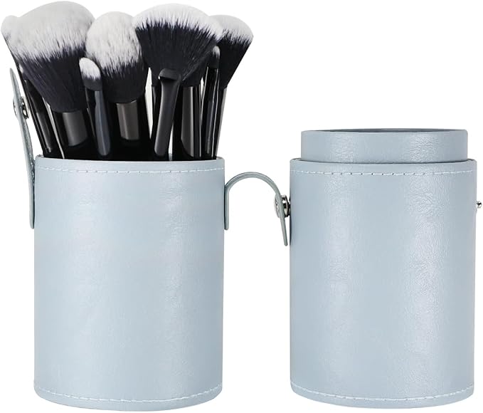Portable Makeup Brush Case,Pu Leather Makeup Brush Holder with Button,Travel Cup Storage Dustproof Makeup Cosmetic Bags for Women (Light blue)