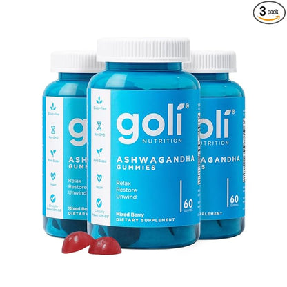 Goli Ashwagandha & Vitamin D Gummy - 180 Count - Mixed Berry, KSM-66, Vegan, Plant Based, Non-GMO, Gluten-Free & Gelatin Free Relax. Restore. Unwind, Pack of 3