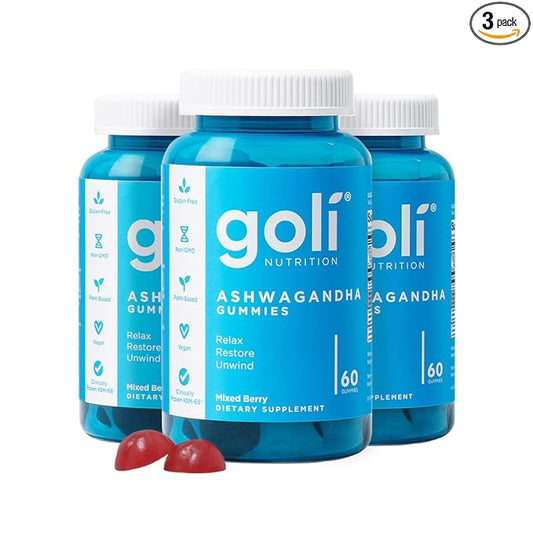Goli Ashwagandha & Vitamin D Gummy - 180 Count - Mixed Berry, KSM-66, Vegan, Plant Based, Non-GMO, Gluten-Free & Gelatin Free Relax. Restore. Unwind, Pack of 3