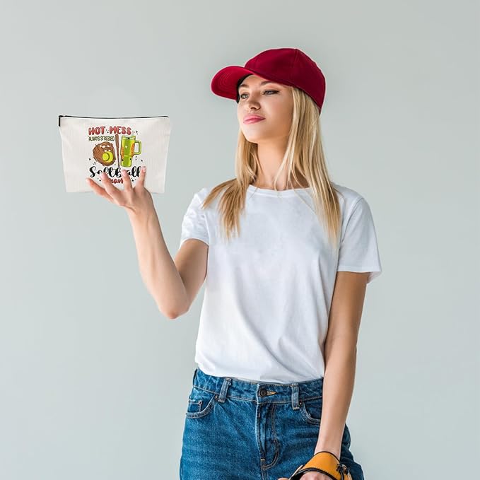 Hot Mess Always Stressed Softball MAMA Canvas Makeup Bag - Softball Accessories for Team Inspirational Gift for Softball Lovers Party Favors Stuff