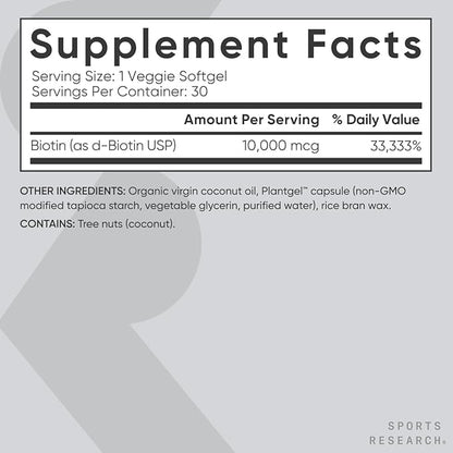 Sports Research Vegan Biotin 10,000mcg with Organic Coconut Oil - Max Strength Biotin Vitamin B7 for Healthier Hair & Skin and Keratin Support - Non-GMO & Gluten Free, 30 Softgels