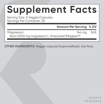 Sports Research Magtein Magnesium L-Threonate Capsules - Magnesium Supplement for Memory, Focus & Cognition - Magnesium L Threonate Supports Brain Health, Sleep & Mood - 2000mg, 90 Capsules for Adults