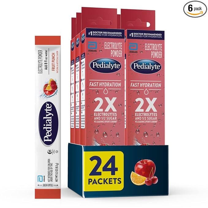 Pedialyte Fast Hydration Electrolyte Powder Packets, Fruit Punch, Hydration Drink, 4 Count (Pack of 6), Total-24 Single-Serving Powder Packets