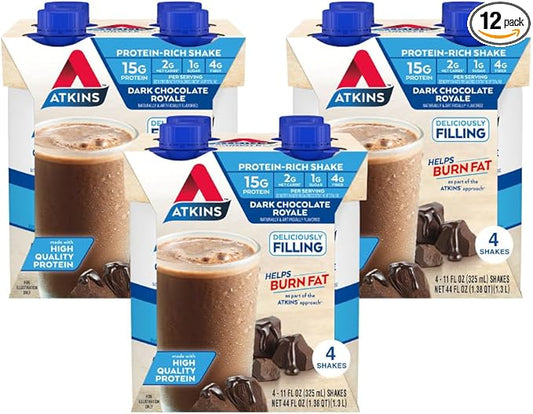 Atkins Dark Chocolate Royale Protein Shake, 15g Protein, Low Glycemic, 2g Net Carb, 1g Sugar, Keto Friendly, 12 Count
