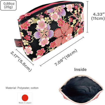 Terra Distribution Small Makeup Bag for Purse [ Made in Japan] Traditional Edo Komon Design Cute Cosmetic Pouch (Cherry Blossom (Black/Pink))