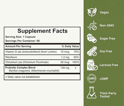 Akkermansia Muciniphila Probiotic for Weight & Gut Management - GLP-1 Boosting Supplement with Bacillus Coagulans, Vitamins B2, D3 & Chromium - SIBO Friendly, Vegan & Gluten Free - 60 Day Supply