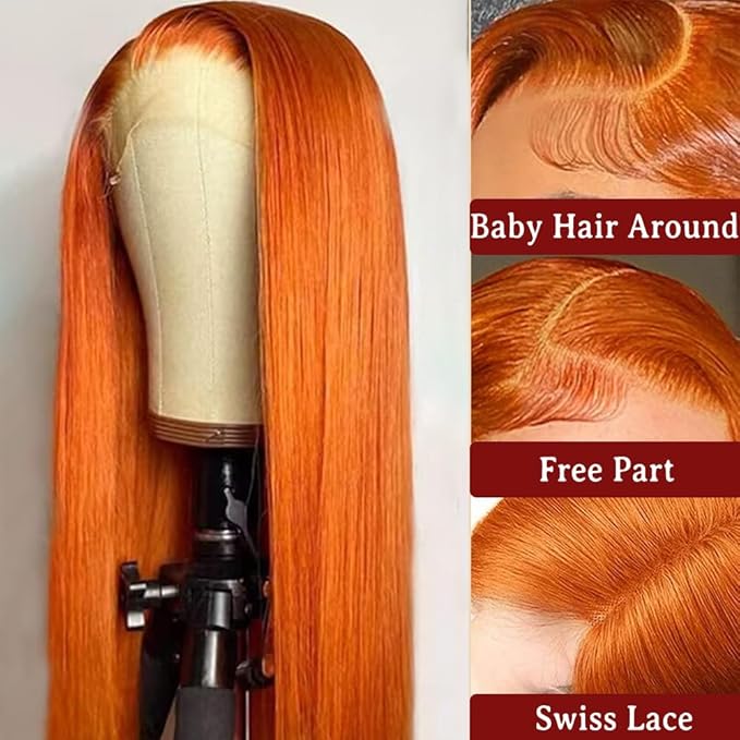 Ginger Lace Front Wig Human Hair 13X4 HD Transparent Lace Front Wig Colored Straight Lace Front Wig 150% Density Pre Plucked Natural Hairline with Baby Hair Ginger Orange Wig Human Hair 28Inch