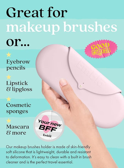 Embla Makeup Brush Holder Travel Cosmetic Case Pouch, Soft Silicone Cosmetic Bag Make Up Brushes Holder with Secure Snap Closure, Travel Makeup Brush Case, Rosette