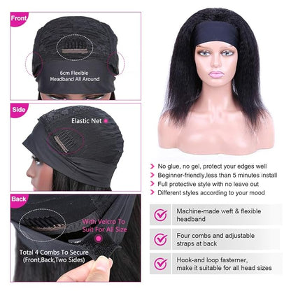 Kinky Straight Headband Wig Human Hair 180% Density 12A Headband Wigs for Black Women Glueless Yaki Headband Half Wig Human Hair Machine Made No Lace Front Headband Wig Natural Black Color 14 Inch