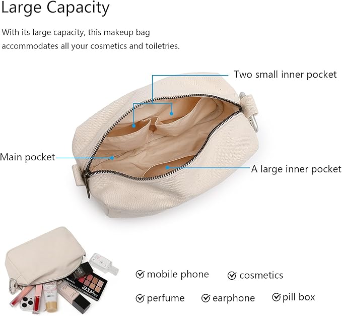 Organizer Bag -Lightweight Cosmetic Bag with Ring Clasp, Perfect Travel Makeup Bag for Women,nylon Stand Up Design (Beige/Canvas)