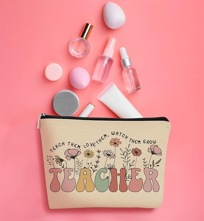 Teacher Appreciation Gifts, Thank You Teacher Gift Vintage Wildflowers Floral Cosmetic Bag, 60s 70s Groovy Retro Floral Cosmetic Bag for Women