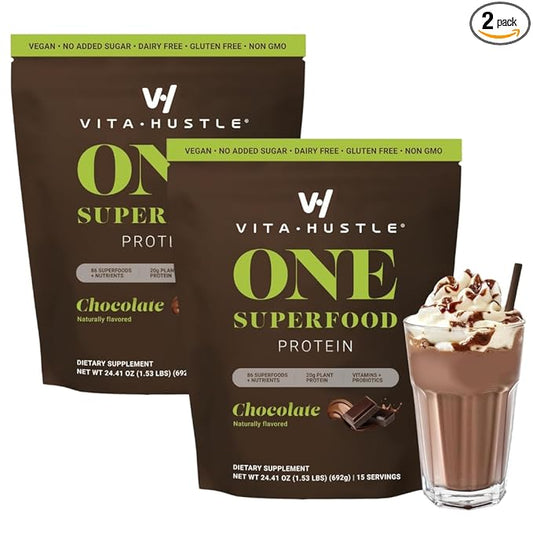 VitaHustle ONE - Superfood Meal Replacement Powder, Plant Based Protein Shake Powder, Vegan. 86 Superfoods, Vitamins, & Minerals, Ashwagandha, Adaptogens. Founded by Kevin Hart. (Chocolate 2-Pack)