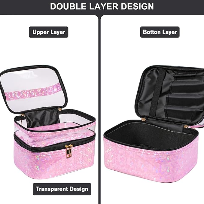 FITINI 3 Pieces Makeup Bags Double Layer Travel Large Holographic Cosmetic Cases Organizer Toiletry Bags Waterproof Small Zipper Pouch for Women Makeup Brush Storage Bag,Light Pink