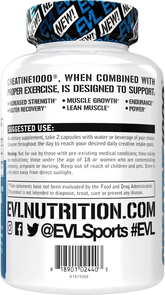 Evlution Pure Creatine Monohydrate Capsules 1000mg Nutrition Pre and Post Workout Recovery Vegan Creatine Pills for Muscle Gains and Muscle Recovery Supplement - Creatine Muscle Builder for Men