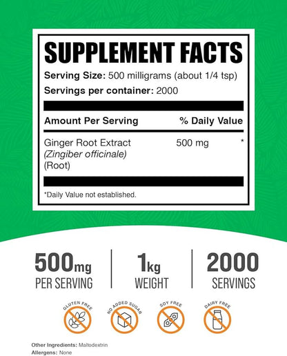 BulkSupplements.com Ginger Root Extract Powder - Ginger Supplement, Ginger Root Powder - Herbal Supplement, Gluten Free, 500mg per Serving, 1kg (2.2 lbs) (Pack of 1)