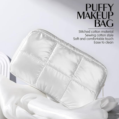 Hillban Puffy Quilted Makeup Bag Quilted Cosmetic Bag Cute Puffer Toiletry Checkered Pouch Aesthetic Travel Makeup Brushes Organizer(White,Elegant)