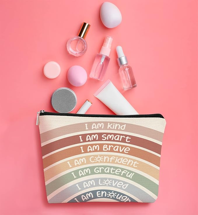 I Am Kind I Am Smart I Am Brave Inspirational Makeup Bag,Makeup Bags for Women, Rainbow Cosmetic Bag Gift for Women,Inspirational Gifts for Women Teacher Coworker