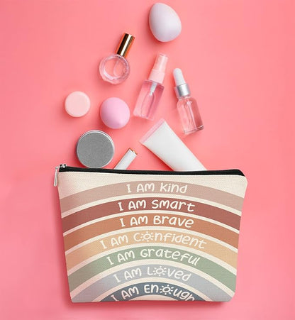 I Am Kind I Am Smart I Am Brave Inspirational Makeup Bag,Makeup Bags for Women, Rainbow Cosmetic Bag Gift for Women,Inspirational Gifts for Women Teacher Coworker