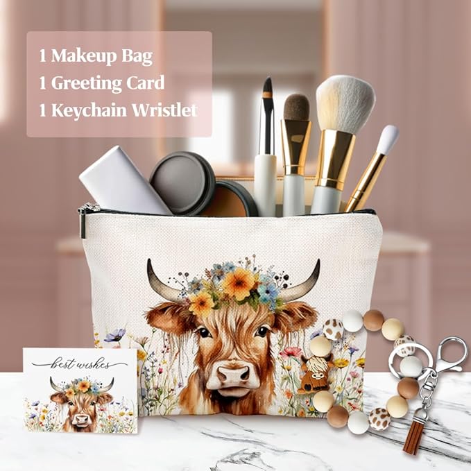 Highland Cow Makeup Bag Set for Women - Wristlet, Keychain, Greeting Card - Animal Lovers Christmas Gifts for Mom, Friend, Grandmother