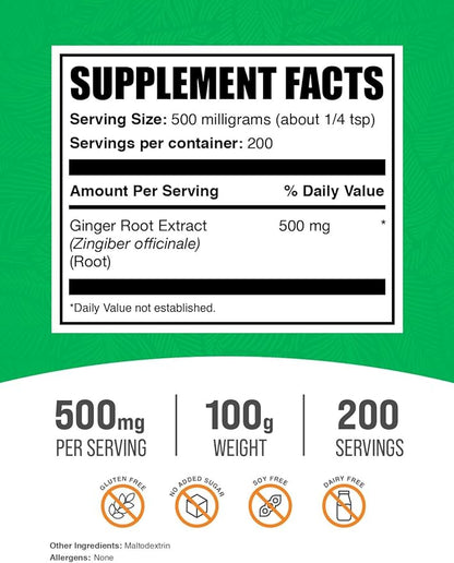 BulkSupplements.com Ginger Root Extract Powder - Ginger Supplement, Ginger Root Powder - Herbal Supplement, Gluten Free, 500mg per Serving, 100g (3.5 oz) (Pack of 1)