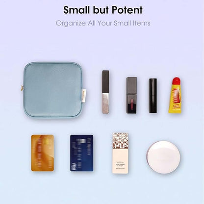 Wandering Nature Small Makeup Bag for Purse Mini Make up Pouch Cute Cosmetic Pouch for Women with Slip-in Pockets Matte Leather, Blue