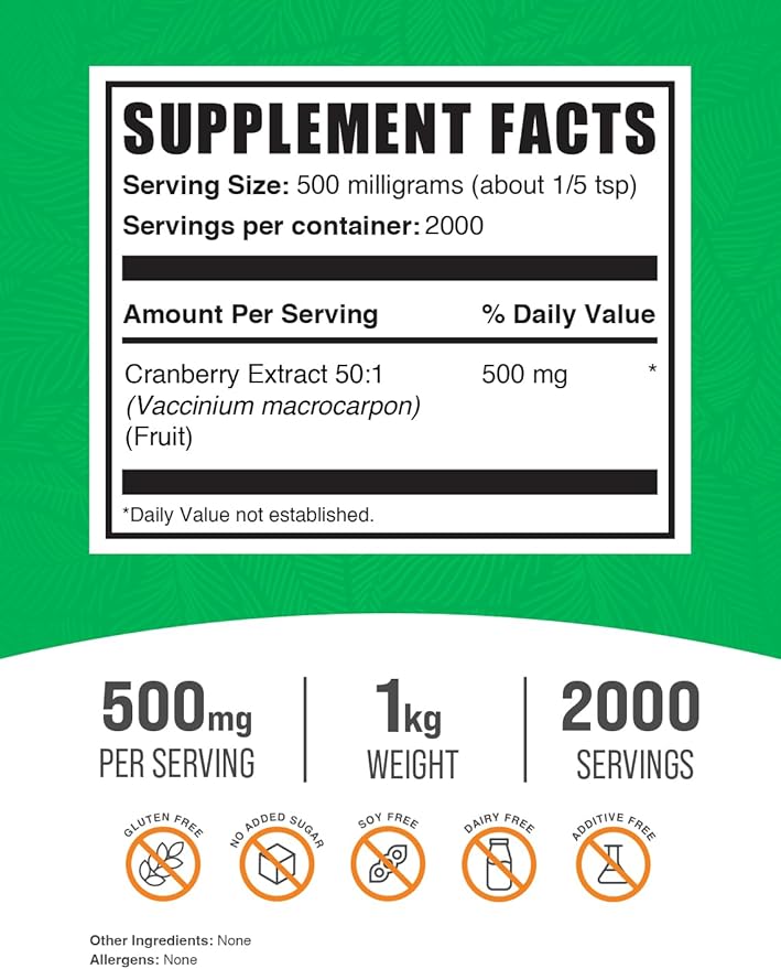 BulkSupplements.com Cranberry Extract Powder - Cranberry Supplements for Women & Men, Cranberry Extract 500mg - Vegan & Gluten Free, 500mg per Serving, 1kg (2.2 lbs) (Pack of 1)