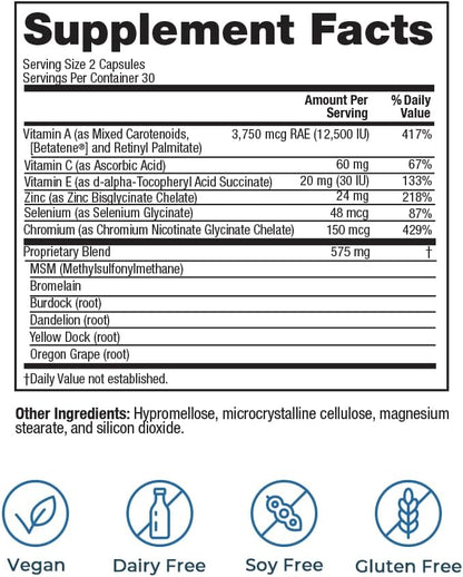 VitaMedica Clear Skin Vitamin Formula | Acne Supplement for Skin Clearing | Breakout Treatment for Women and Men | Vitamins A, C, E, Selenium, Chromium, and Zinc for Acne and Skin Health | 60 Count