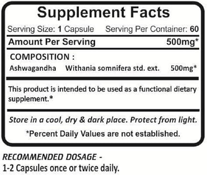 Planet Ayurveda Ashwagandha, 500mg Veg Capsules - 2 Bottles