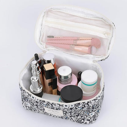 Quilted Makeup Bag Set 3 Pcs Cotton Cute Makeup Bags For Women Large Aesthetic Floral Cosmetic Bag Coquette Flower Makeup Pouch