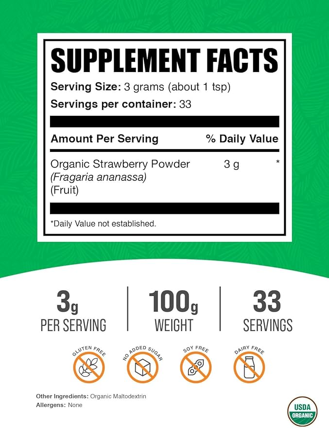 BulkSupplements.com Organic Strawberry Powder - Strawberry Powder Supplement, Strawberry Powder Organic - No Sugar Added & Gluten Free, 3g per Serving, 100g (3.5 oz) (Pack of 1)