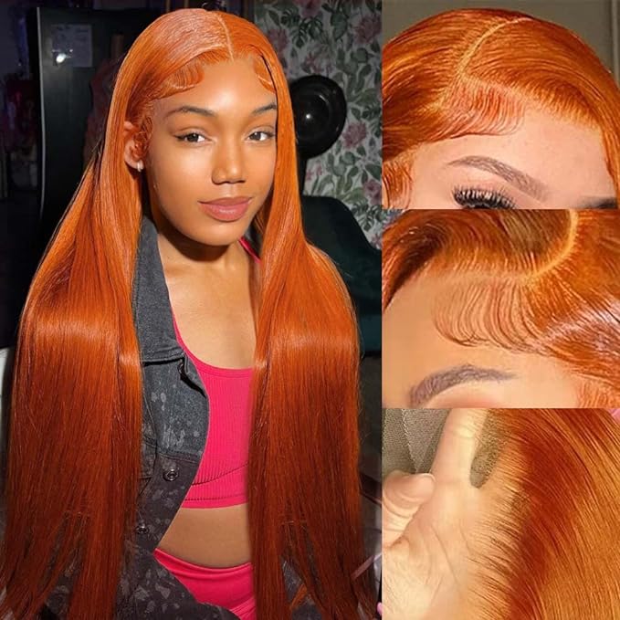 22Inch Ginger Lace Front Wig Human Hair 13X4 HD Transparent Lace Front Wig Colored Straight Lace Front Wig 150% Density Pre Plucked Natural Hairline with Baby Hair Ginger Orange Wig Human Hair