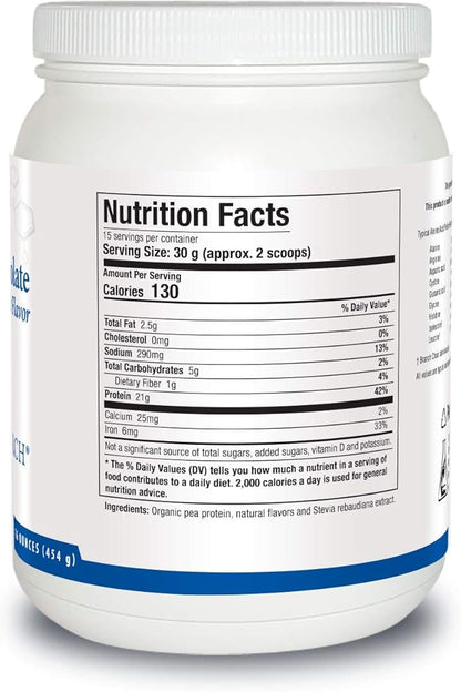 Biotics Research Pea Protein Isolate Natural Vanilla Flavored. Mixes Easily with Water or Juice. Premium Pea Protein. 21 gram Clean Protein per Serving 16 Ounces