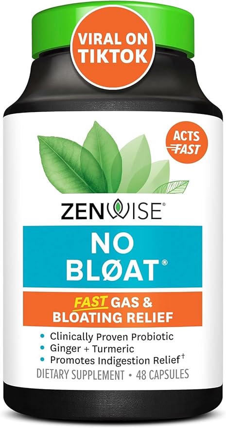 Zenwise Health NO Bloat Probiotics for Women and Men Digestive Health with Ginger, Dandelion, and Lactase, Digestive Enzymes for Gas and Bloating Relief - Vegan Water Retention Pills - 48 CT