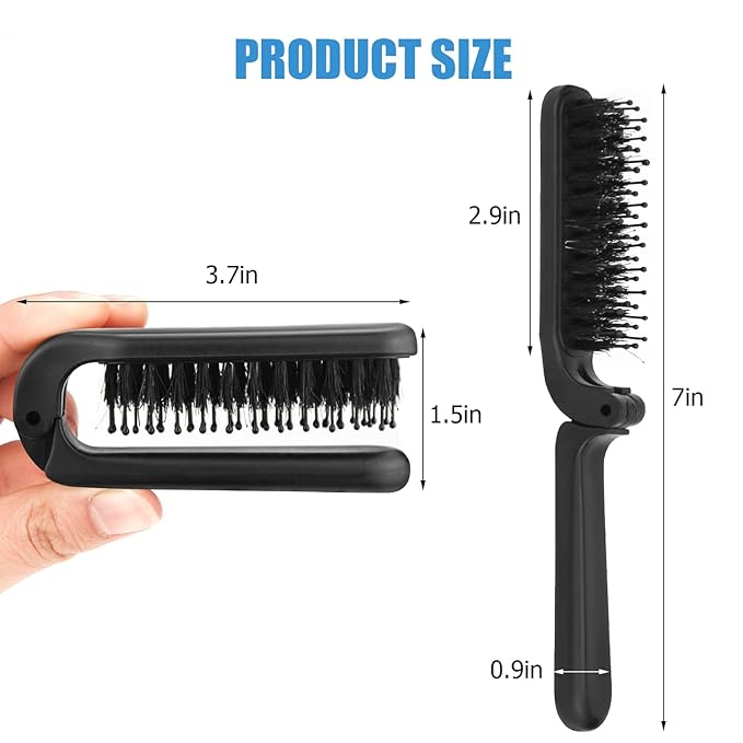 Ancable Travel Folding Hair Brush, Collapsable Portable Pocket Boar Bristle Hair Brush for Thin and Thick Hair, Mini HairBrush for Men Women Kids, Restores Shine, Black