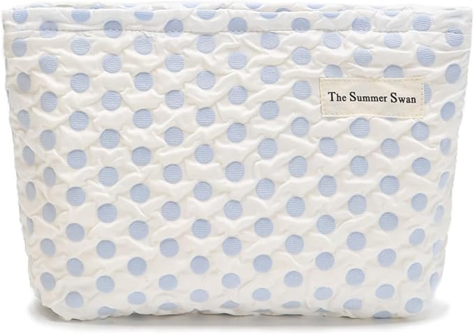 The Summer Swan | Large Aesthetic Makeup Bag | Floral Makeup Bag | Mid-day Clutch | Period Kit Bag | Hygiene Bag | Skincare Bag | Cute Makeup Bag (Polka Dots Blue)