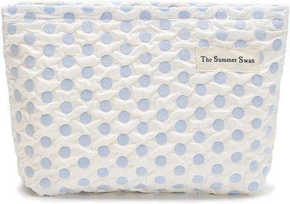 The Summer Swan | Large Aesthetic Makeup Bag | Floral Makeup Bag | Mid-day Clutch | Period Kit Bag | Hygiene Bag | Skincare Bag | Cute Makeup Bag (Polka Dots Blue)