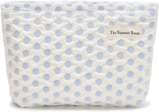 The Summer Swan | Large Aesthetic Makeup Bag | Floral Makeup Bag | Mid-day Clutch | Period Kit Bag | Hygiene Bag | Skincare Bag | Cute Makeup Bag (Polka Dots Blue)
