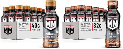 Muscle Milk Pro Series Chocolate Peanut Butter Protein Shake 40g Protein Pack of 12 & Pro Advanced Nutrition Knockout Chocolate Protein Shake 32g Protein Pack of 12