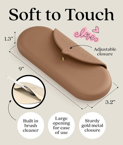 Embla Makeup Brush Holder Travel Cosmetic Case Pouch, Soft Silicone Cosmetic Bag Make Up Brushes Holder with Secure Snap Closure, Travel Makeup Brush Case, Latte