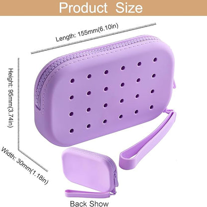 Portable Silicone Makeup Bag for Women, Small Travel Toiletry Cosmetic Bag with Decorative Holes, Zipper Closure Organizer Makeup Case with Handle (Purple)
