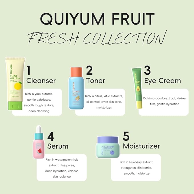 Fruit Skin Care for Teens, 5 Daily Routine Beauty Skin Care Sets - Exfoliation, Smooth, Clean, Oil Control, Firm, Hydrate, Glow Up, Skincare Gift Set for Girls Women, Travel Set, for All Skin