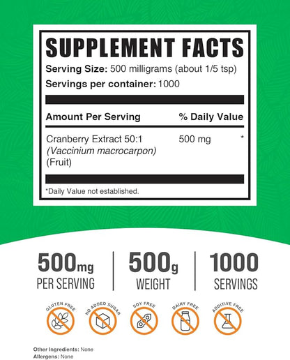 BulkSupplements.com Cranberry Extract Powder - Cranberry Supplements for Women & Men, Cranberry Extract 500mg - Vegan & Gluten Free, 500mg per Serving, 500g (1.1 lbs) (Pack of 1)